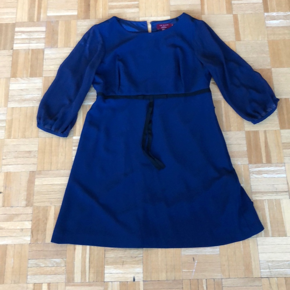 Ted baker navy blue dress with black bow detail. Sheer sleeves. Ted baker size 4